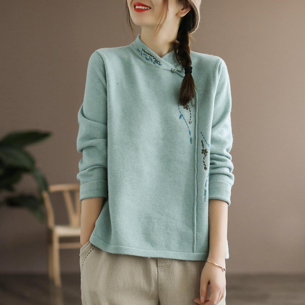 Retro Long-sleeved T-shirt for Women In Autumn and Winter New Style Clothes, Loose Tops, Embroidered Middle-aged Mother Base Shirt