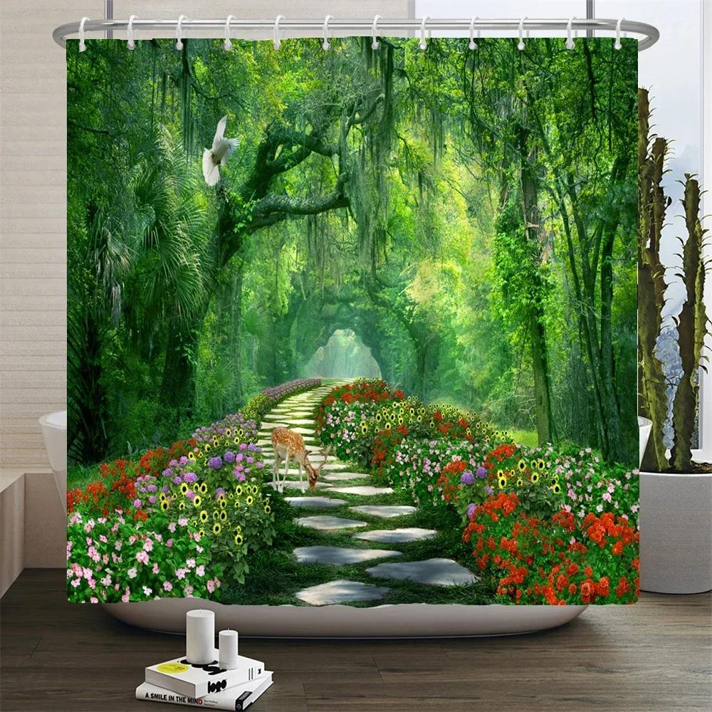 Natur Waldlandschaft Duschvorhänge Badezimmervorhang Stoff Wasserdicht Polyester Landschaft Badevorhang mit Haken