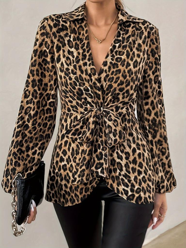 Women's Long-Sleeved Top New Spring Style Leopard Print Shirt V-Neck Elegant Long-Sleeved Blouse