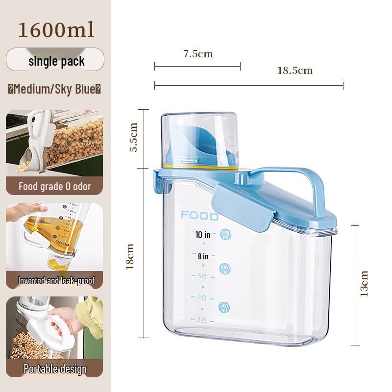 Transparent Portable Sealed Container with Measuring Cup for Grain, Cereal, Rice, Cat Food - Moisture & Insect Proof Kitchen Storage.
