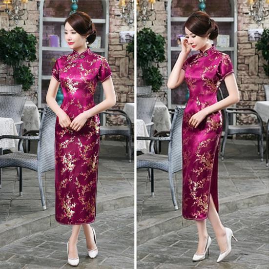 Traditional Chinese Women Long Cheongsam Bridesmaid Short Sleeve Evening Dress