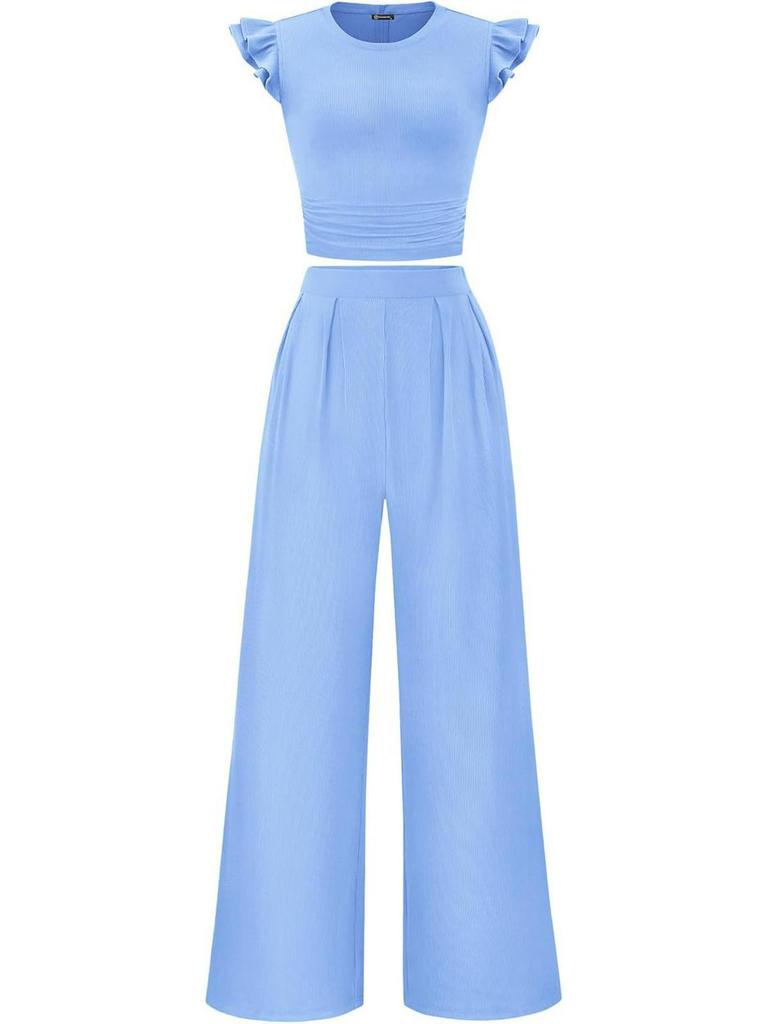Women's 2026 Summer Solid Color Two-Piece Set with Ruffle Wide-Leg Pants