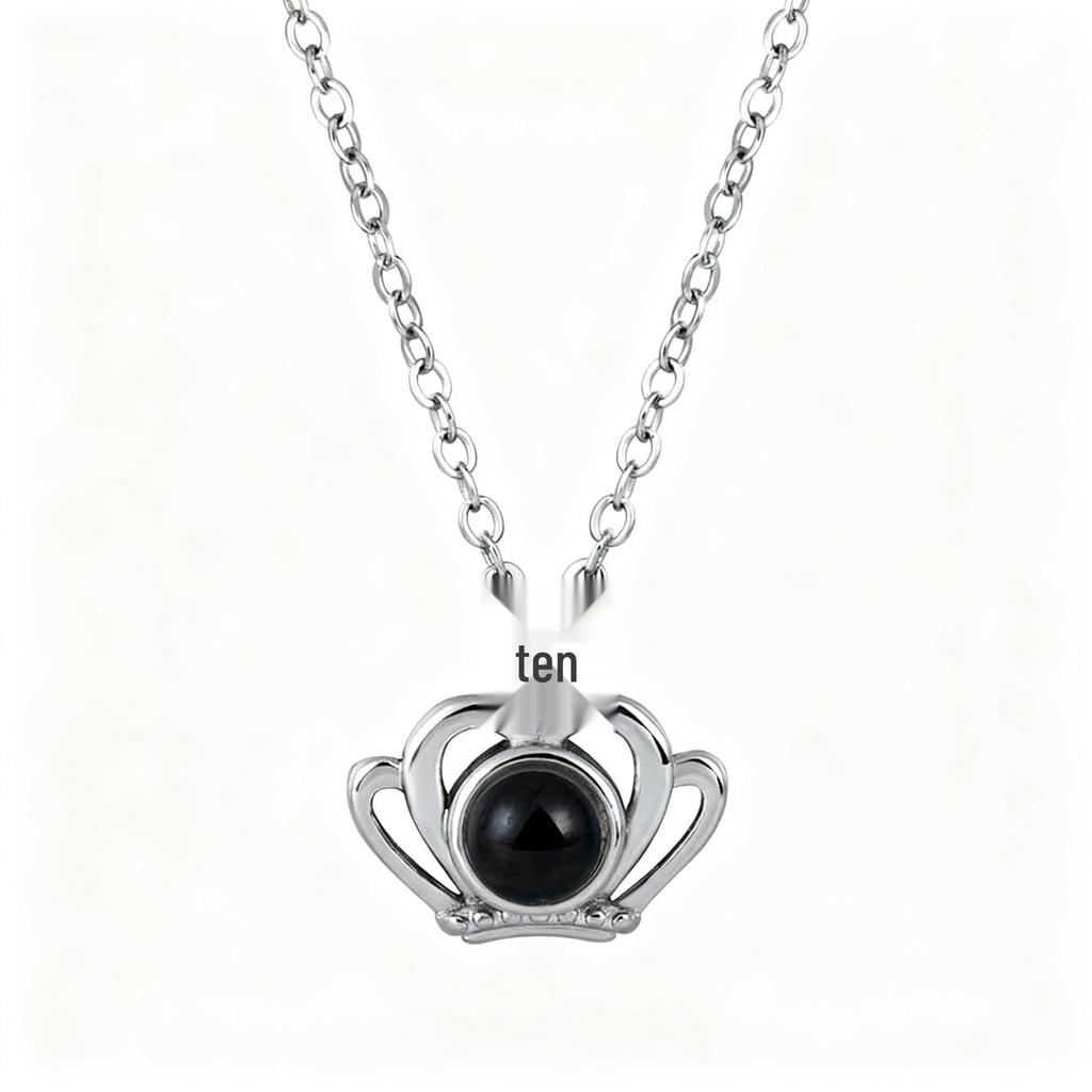100 Languages 'I Love You' Crown Projection Necklace - Titanium Steel Clavicle Chain for Women