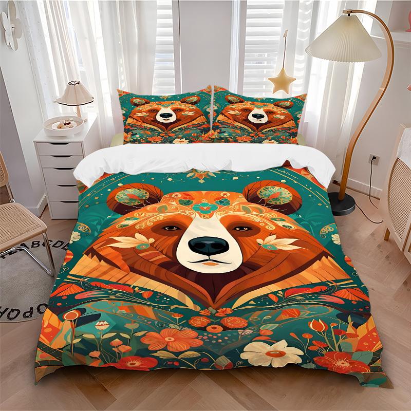 

3pcs bedding set Floral Bear Includes 1 Comforter + 2 Pillowcases, Without Pillow Inserts, Soft Comfortable, Lightweight Breathable, Printed 135x200cm