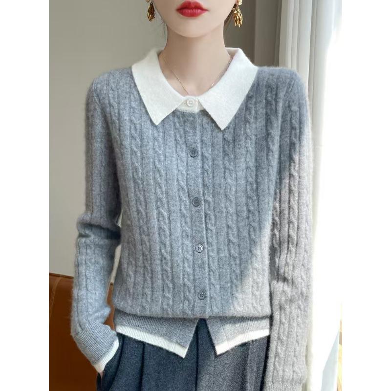 POLO Collar Small Twist Short Colour Blocking Knitted Cardigan Women's Pullover Sweater Bottoming Shirt Jacket