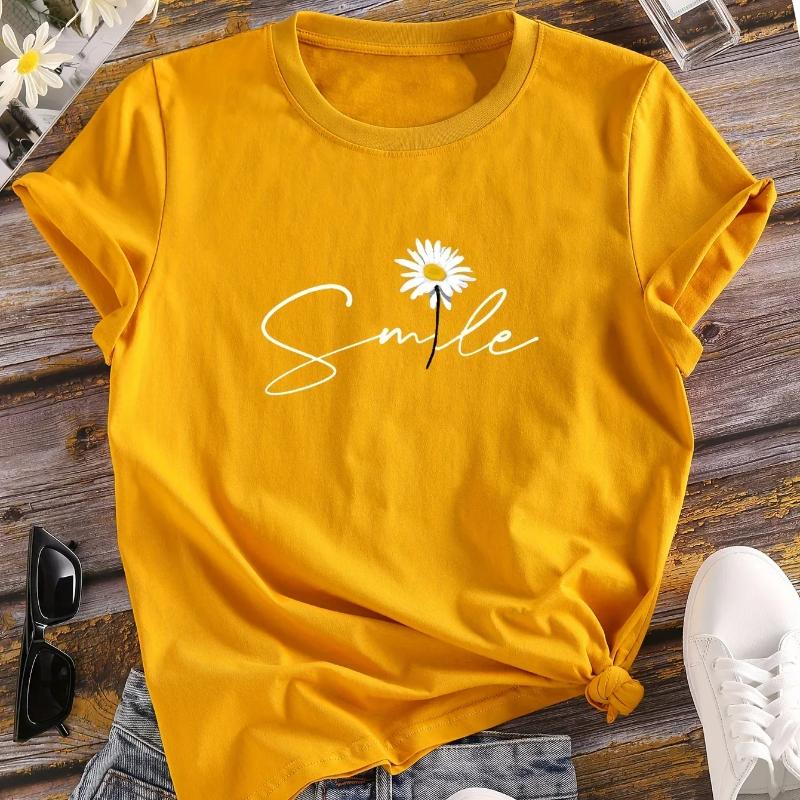 Blumen- & Buchstaben-Print Rundhals-T-Shirt Lässiges Kurzarm-T-Shirt für Sommer Damenbekleidung Bequeme Weiche Kreative Oberteile