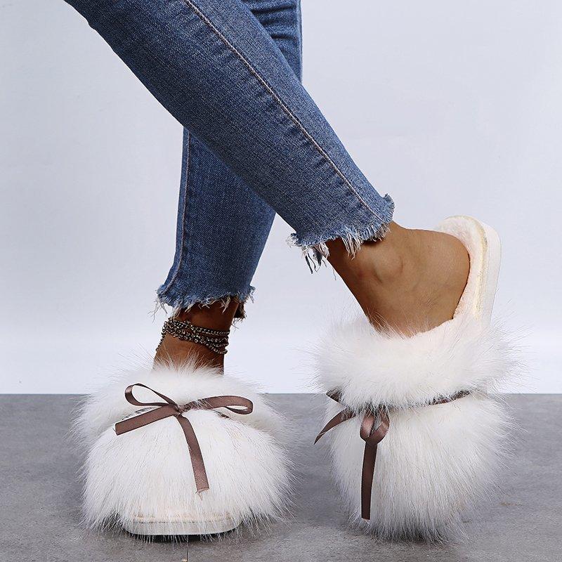 Sweet Bowknot Mix Color Faux Fur Slides Women 2025 Autumn Warm Short Plush Outdoor Slippers Soft Sole Cotton Mules Slippers