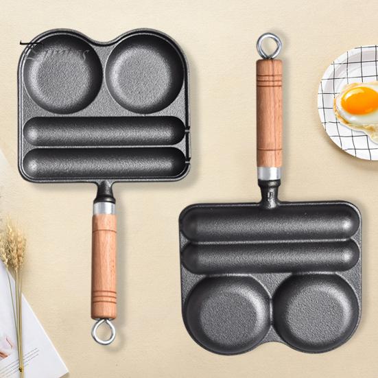 4-Cup Frying Pan Cast Iron Omelette Pan Non-Stick Coating Heat-Resistant Wooden Handle for Even Heating Sausage Pan for Gas Stove