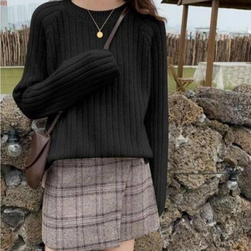 

Простой стиль свитер-поддева с круглым вырезом с осенне-зимним трикотажным свитером конфетных цветов для женщин One size чёрный