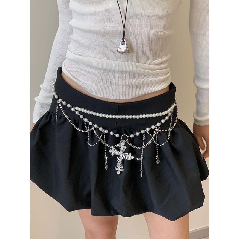 Mary Diamond-studded hollow cross tassel pearl necklace & waist chain - premium belt accessory