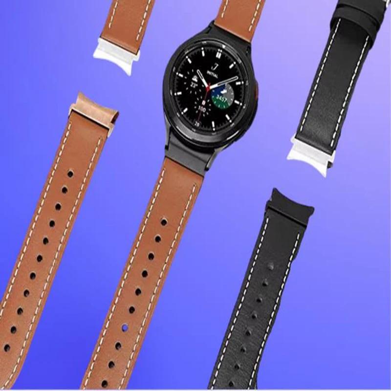 Leather Watch Band For Samsung Galaxy Watch 6 5 4 44mm 40mm/Galaxy Watch 6 Classic 43mm 47mm Gapless Bracelet Curved End Adapter