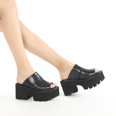 Schwarze Damen-Sandalen mit klobigem Absatz, stilvolle Peep-Toe-Plateau-Sandalen zum Hineinschlüpfen, bequeme einfarbige Sandalen für Damen
