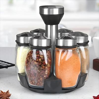 Kompaktes Gewürzgläser-Set aus Glas und Edelstahl mit drehbarem Ständer - 7 Gläser für organisierte Küchenaufbewahrung