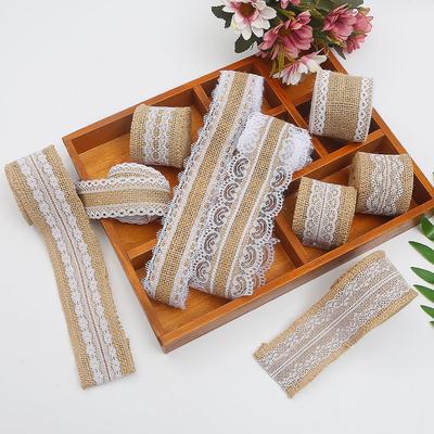 2M/Roll Natural Jute Burlap Ribbon With White Lace Trim Edge Rustic Vintage Wedding Decor Hessian Lace Jute Roll DIY Christmas Party Supplies