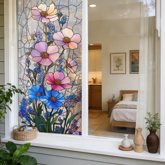 Rainbow Window Privacy Film, Decorative Static Cling Stickers, Heat Control & UV Blocking Glass Cling, Waterproof 100x45cm Static Glass Sticker for