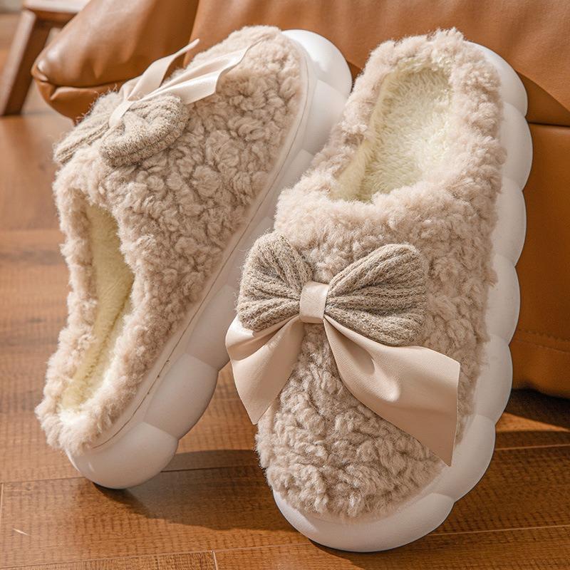 Bow cotton slippers women's indoor home stepping on shit soft bottom non-slip velvet warm fashion plush confinement cotton mop