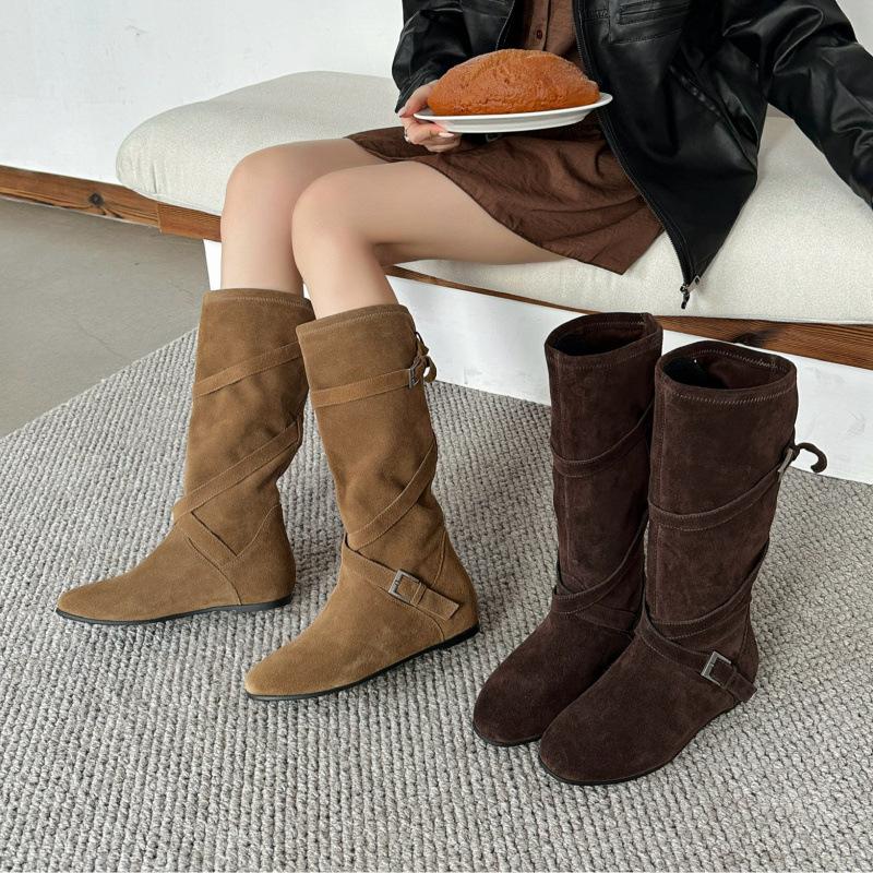

Inner height increase 3CM leather round head thin high boots women s 2025 autumn and winter new soft pleated long tube stacking boots 39 темные хаки