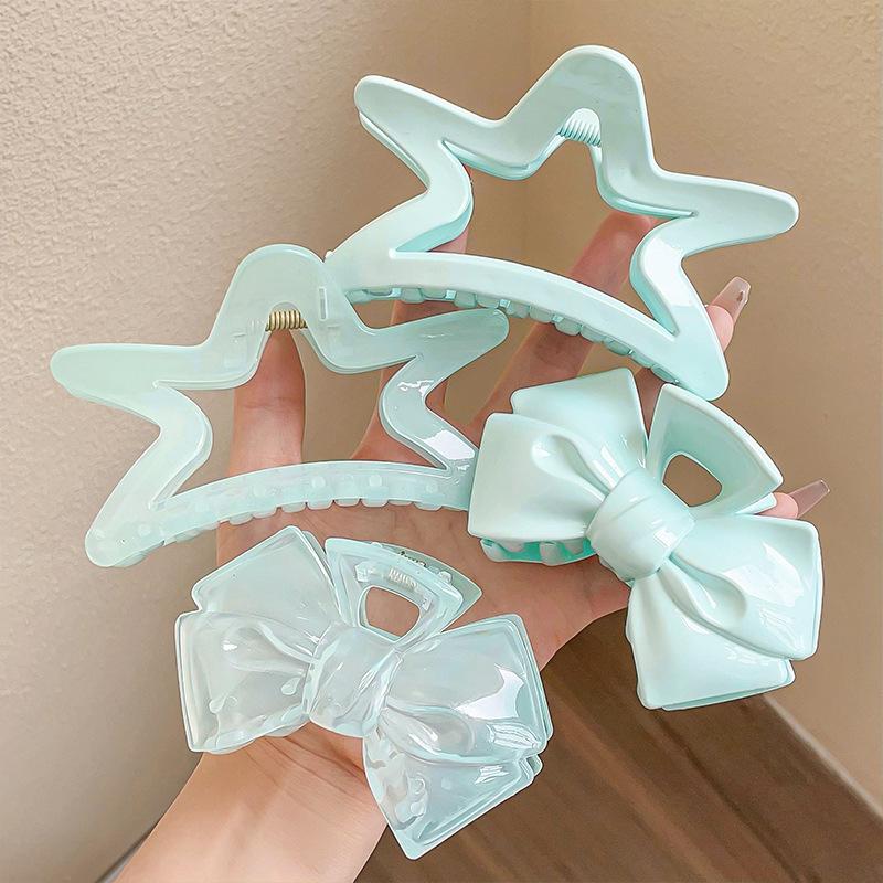 Mint Blue Bowknot Hair Claws for Women Girl Star Shaped Hairpin Big Size Shark Clamp Minimalism Sweetie Fashion Hair Accessories