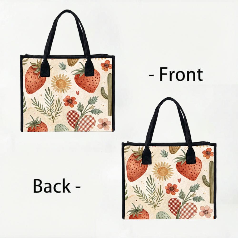 Boho Strawberry Flower Casual Tote Bag for Women Lightweight Cute Daily Carry Shopping Shoulder Bag