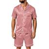 Men's Short Sleeve Pajama Set with Pockets - Soft Satin Stripe Plaid Print Two-Piece Outfit for Home and Casual Wear
