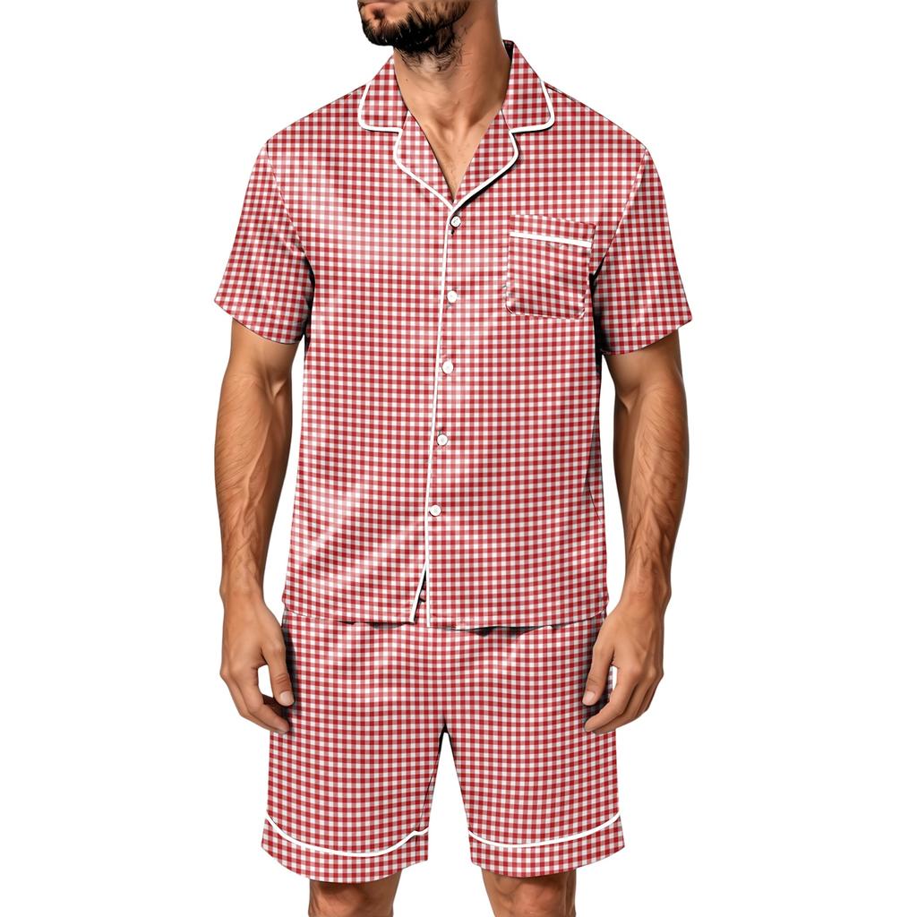 Men's Short Sleeve Pajama Set with Pockets - Soft Satin Stripe Plaid Print Two-Piece Outfit for Home and Casual Wear