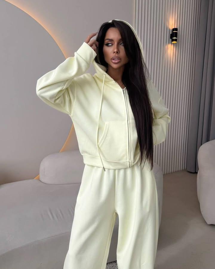 Women's Light Yellow Hooded Zip Up Tracksuit Set Casual Loose Fit Jacket and Wide Leg Pants