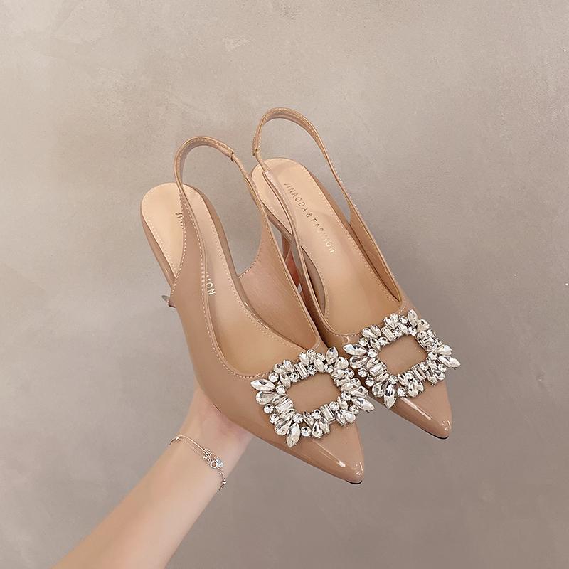 

Fashion 2025 Spring/Summer New Pointed Toe Patent Leather Crystal Black High Heels Women s Thin Heel Sandals Cap Single Shoes 35