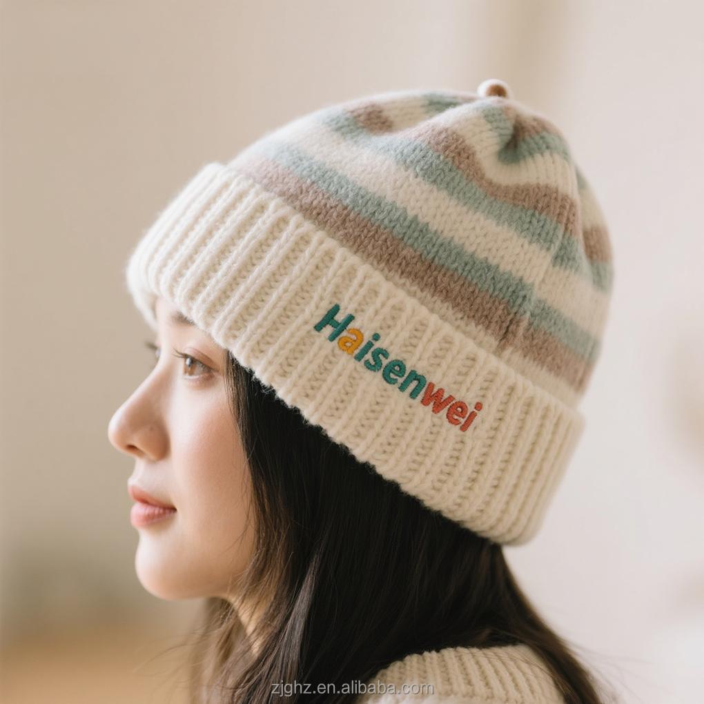 Custom Hand Embroidery Logo Beanie Double Stripe Knit Ribbed Cuff 3D Embossed Bows Camouflage Cartoon Character Common Travel арбуз красный