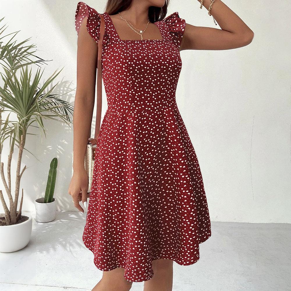 2026 Summer New Square Collar Heart Dress, Fly Sleeve, Waist-Cinching Slimming, Petite High-Waisted Short A-Line Dress S