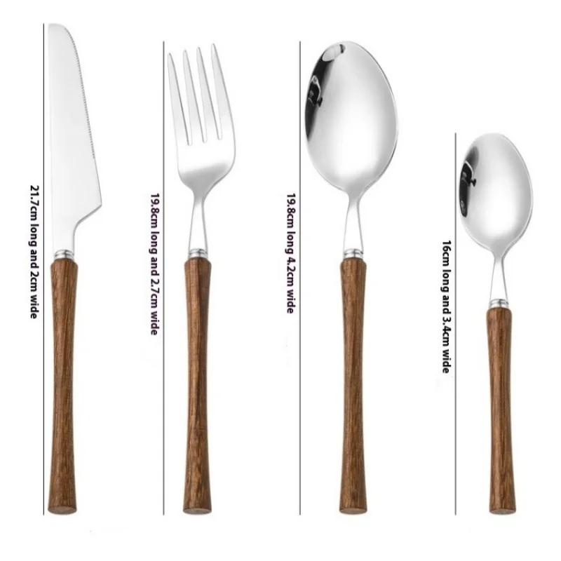 Nádobí z nerezové oceli Dřevěná rukojeť Sada příborů Nůž Vidlička Lžíce Čajová lžička Nůž na steak Dezert Kávová naběračka Pomůcky pro domácnost
