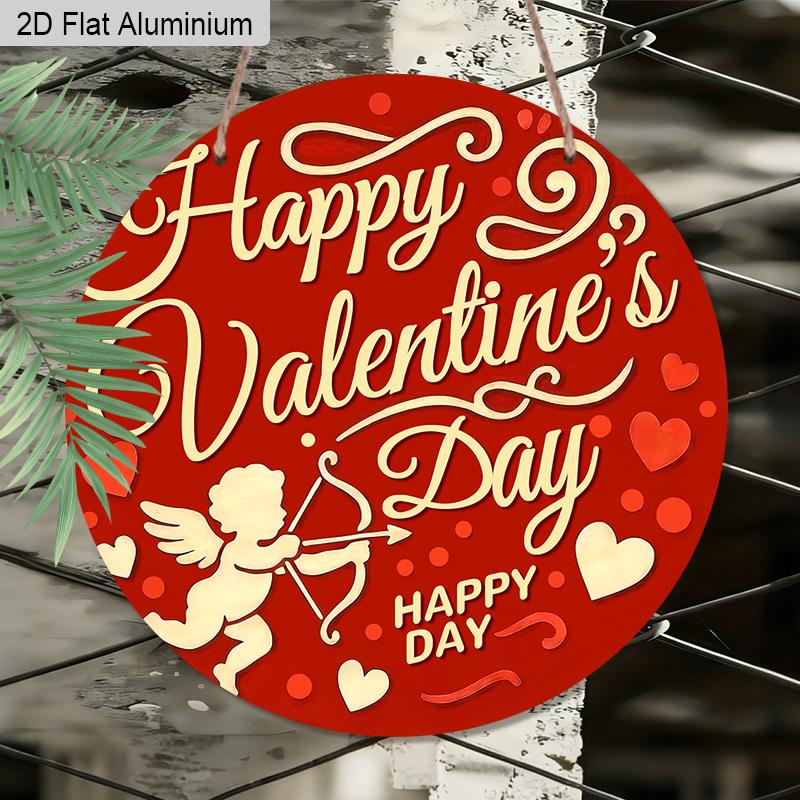 2D Flat 1pc Valentine's Day Round Aluminum Hanging Decoration Plaque, "Happy Valentine's Lettering Sign, Porch Decor, Living Room Decor and Wedding