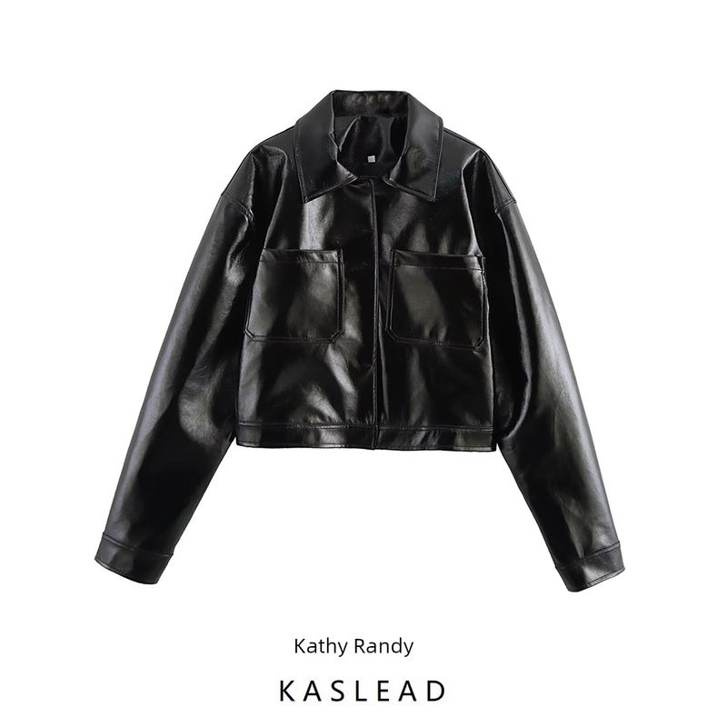 Kaslead New Arrival Women's Clothing Fashion Style Fashion Polo Collar Long Sleeves Imitation Leather Casual Jacket Coat 5063850