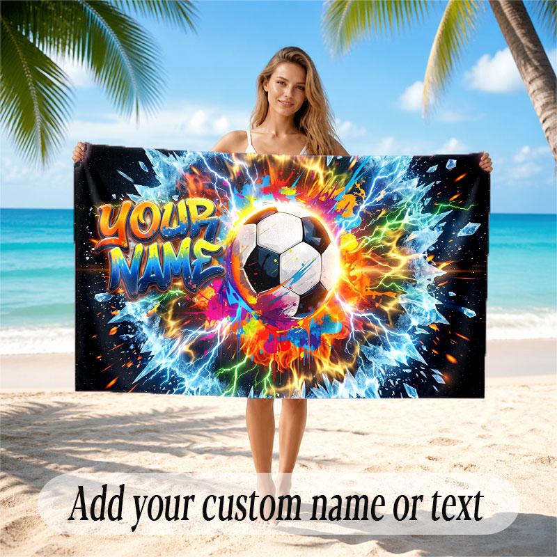 Soccer Theme Beach Towel Personalized Custom Name & Text Soft Quick Dry Beach Towel for Swimming Travel