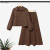 Women Two Piece Outfit Solid Color Button Down Long Sleeve Shirt and A Line Midi Skirt Sets