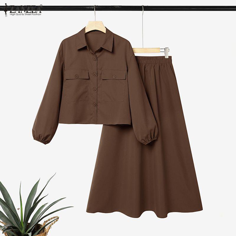 ZANZEA Women Two Piece Outfit Solid Color Button Down Long Sleeve Shirt and A Line Midi Skirt Sets