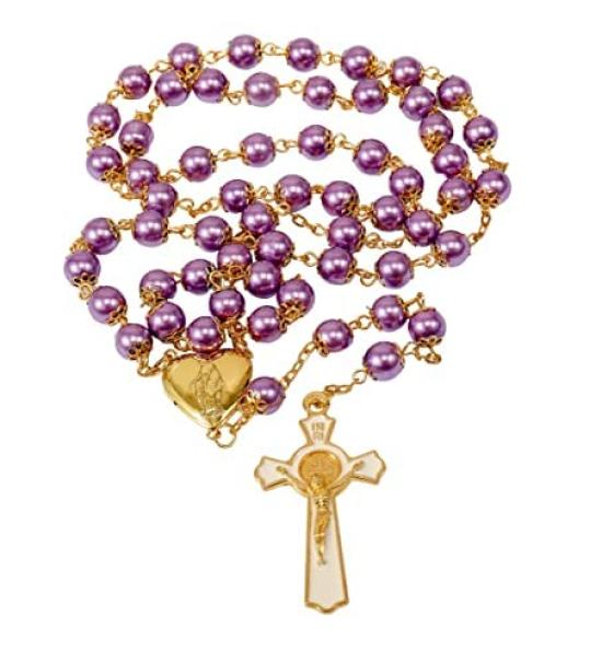 Nazareth Store Purple Pearl 8mm Bead Rosary Necklace Gold Prayer Chaplet Miraculous Open Up Locket Centerpiece Medal White Enamel No Gemstones Cross,