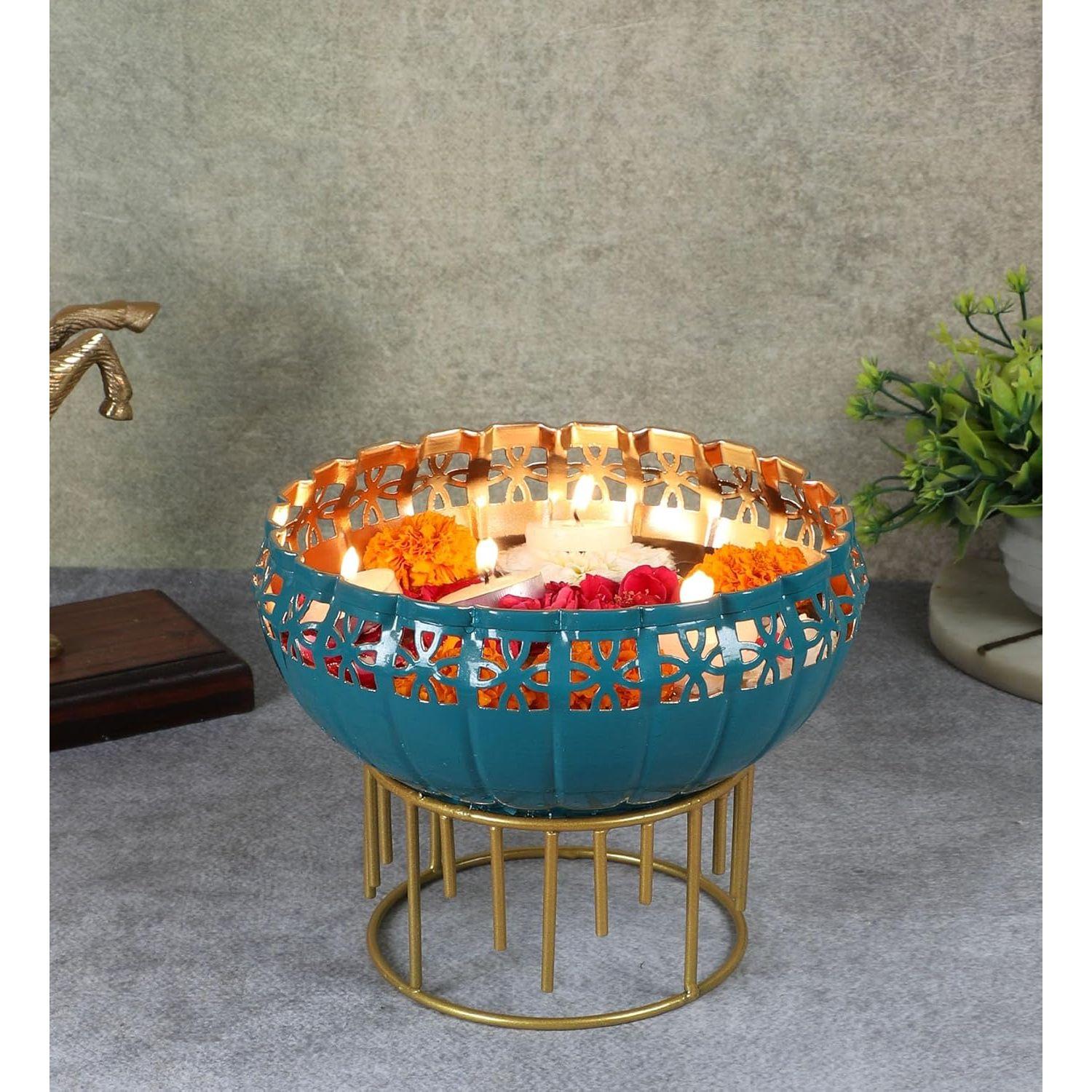 Two Moustaches 8 Inches Decorative Metal Urli with Stand, Urli for Home Decor, Flowers Decoration Bowl