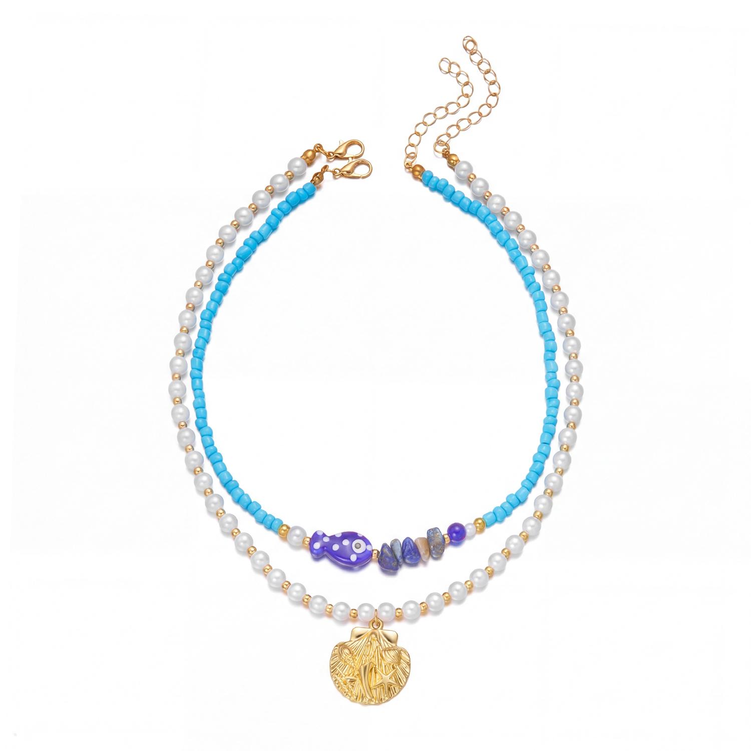 

2Pcs/Set Vacation Fish Shell Stone Faux Pearl Beaded Necklace Summer Beach Boho Layered Choker Jewelry For Women