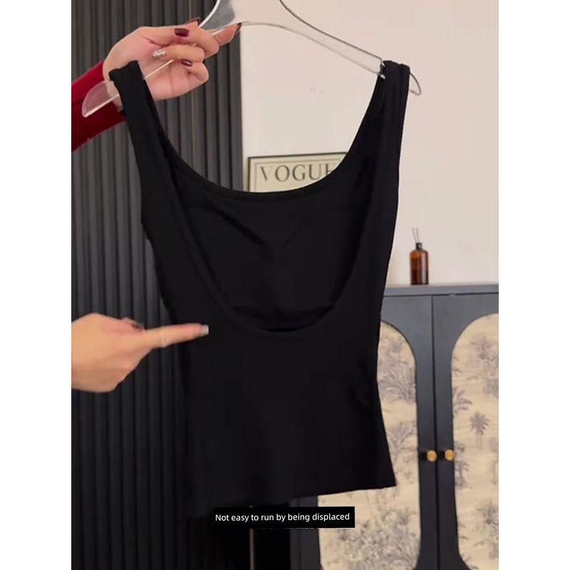 

Plus size Chubby Girl American Big U Collar Design Sense Backless Black Vest Women Summer With Chest Pad Slim fit Slimming Top Black L