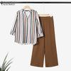 ZANZEA Women Long Sleeve Stripe Blouse and Pants Casual Two Piece Suit Sets