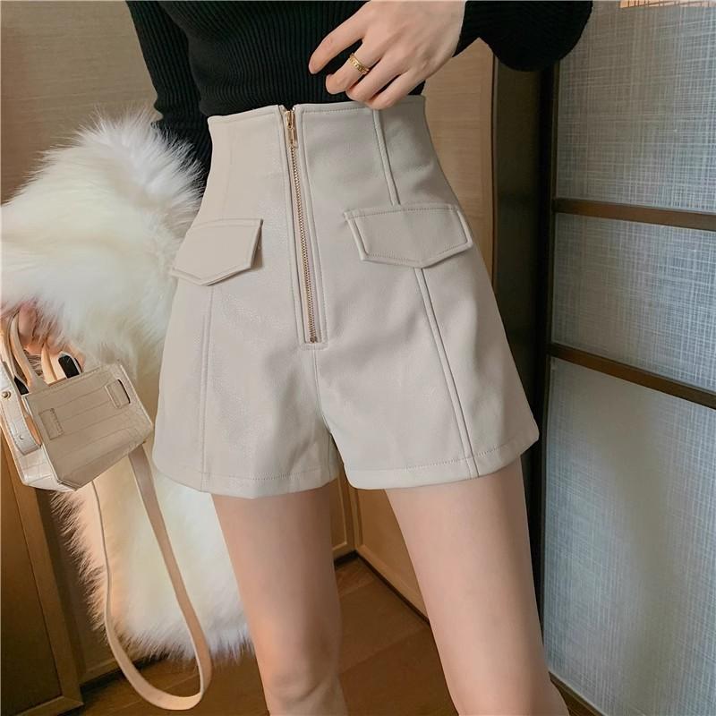 Women's Fall Spring Outer Wear High Waisted Slimming PU Leather Shorts Fashion Versatile Zipper A-Line Wide Leg Pants Mini Shorts