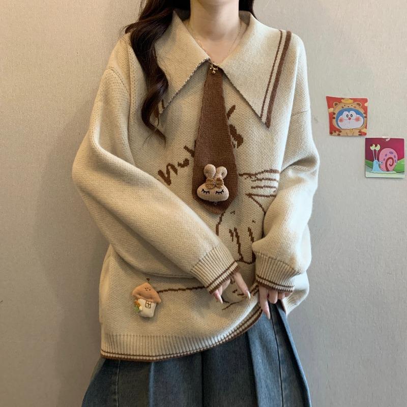 College Style Polo Neck Rabbit Embroidery Sweater Women Loose Fit Knitwear Autumn