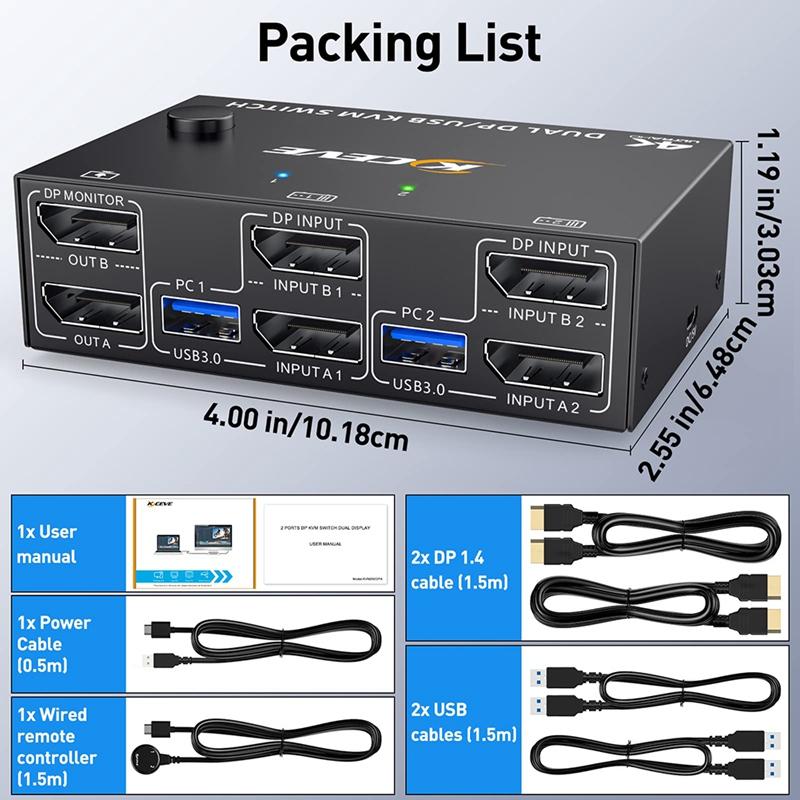 AA58 KCEVE KVM Switch Dual Monitor DisplayPort, 4 USB3.0 for 2 Computers, 2 in 2 Out DP 1.4 KVM Switch