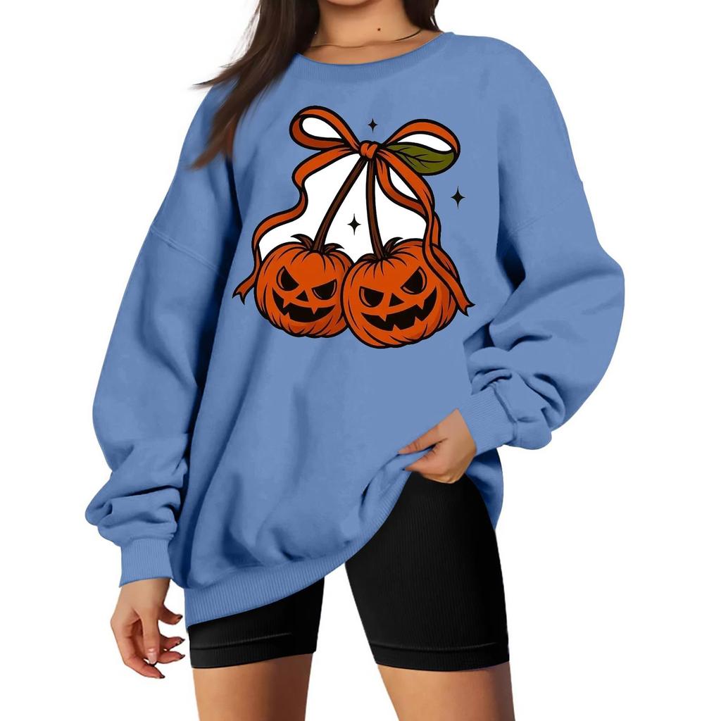 Women's Comfortable Round Neck Long Sleeve Sweatshirt Loose Fit Casual with Color and Halloween Print