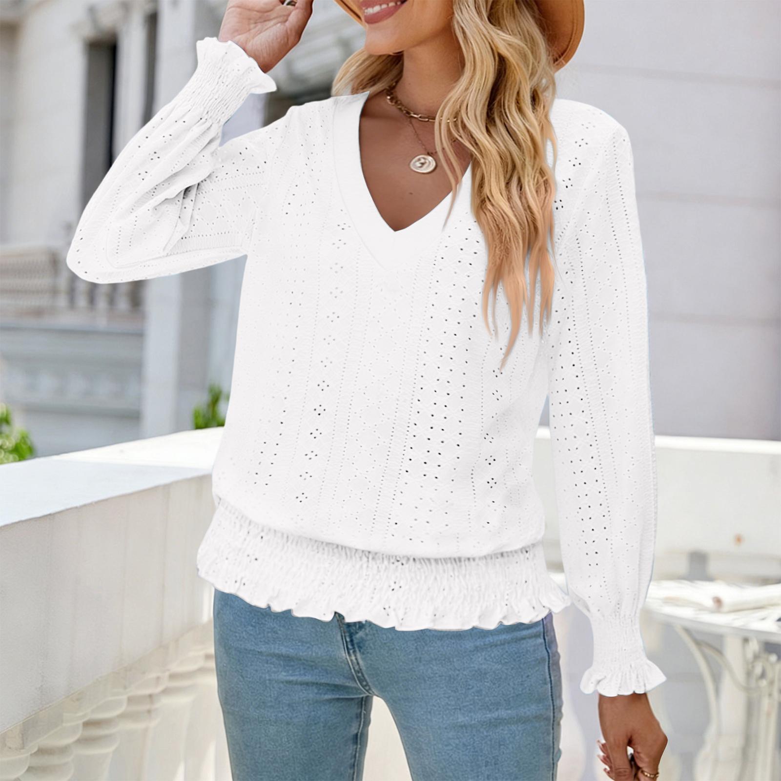 

T Shirts Long Sleeve V Neck Tees For Women Fashion Tops Lightweight Soft Casual Shirt M білий