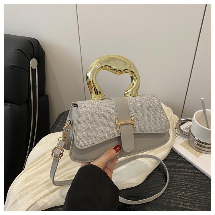 New Women's Large-capacity Simple  Textured Metal Portable Shoulder Underarm Crossbody Small Square Bag