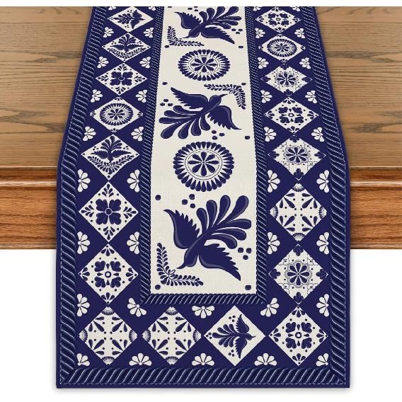 Mexican Table Runner Blue Patchwork Tiles Table Cover Mexican Fiesta Talavera Floral Bird Decor Mexican Dia De Los Muertos Decorations for Simple