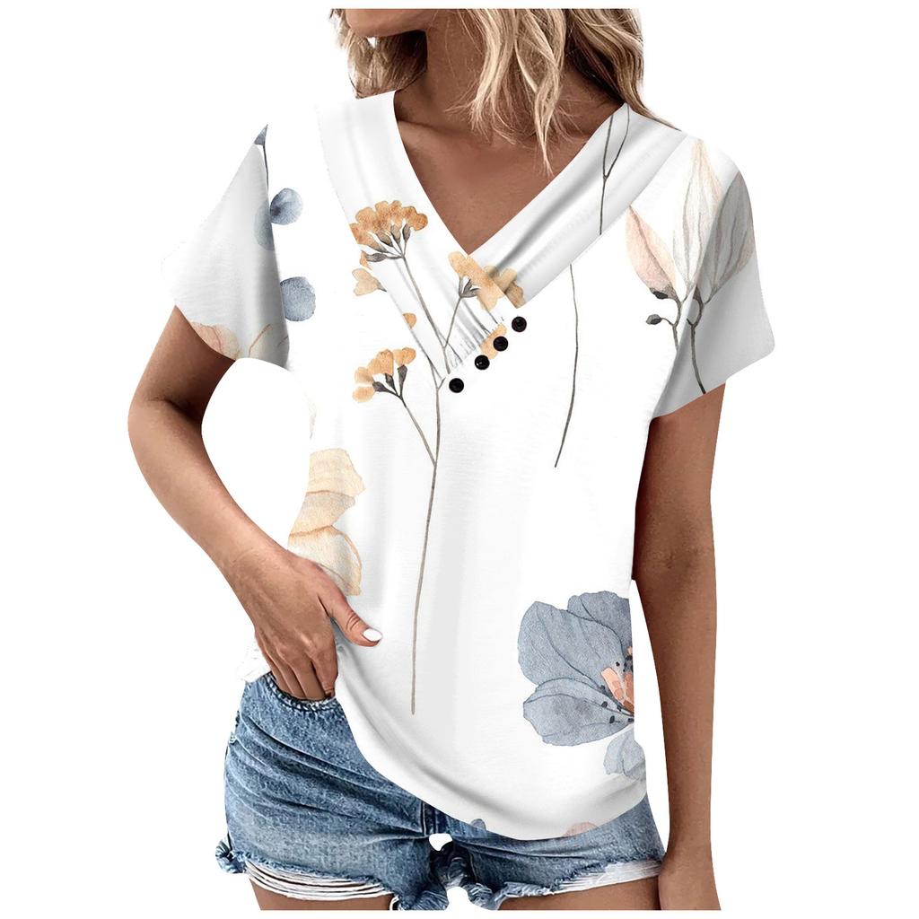 Women's Fashion Casual V-Neck Short Sleeve T-Shirt Pleated Printed Button-Up