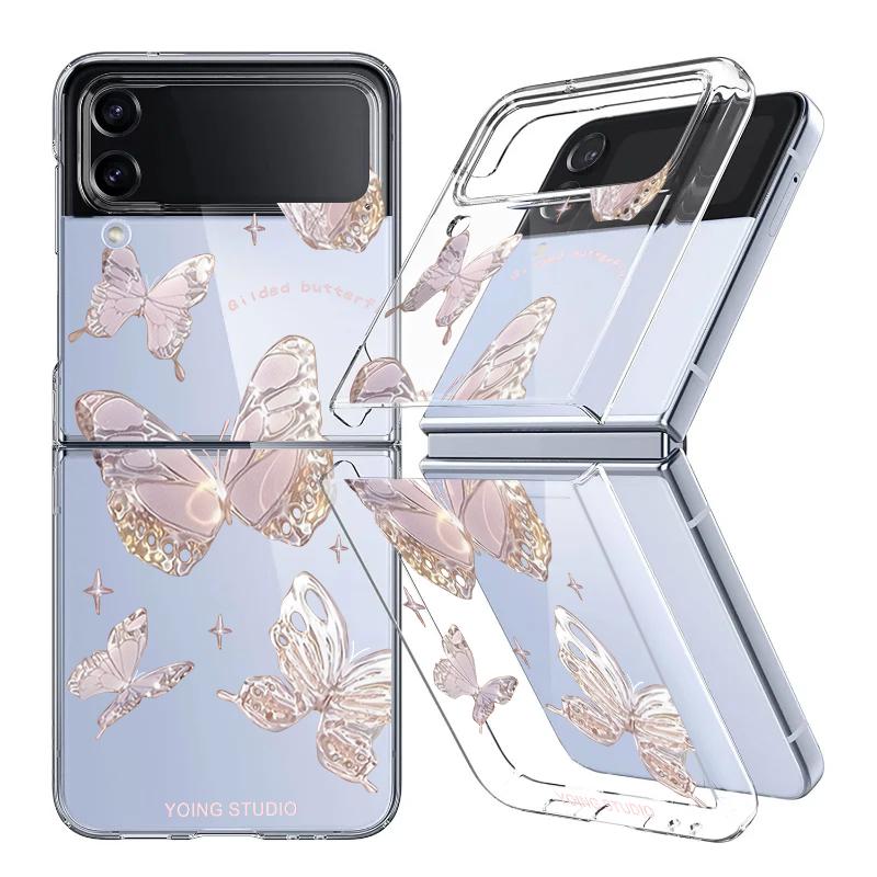 

Для Samsung Z Flip6 Flip5 Flip4 Flip3 чехол красочный цветочный нежный складной ударопрочный жесткий чехол для телефона из ПК Samsung Z Flip5 розовый