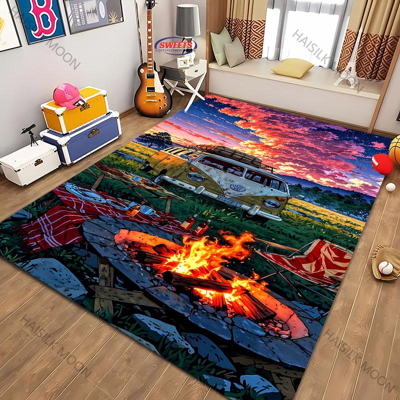 New Shelves! Outdoor Camping Theme Printed Carpet, Living Room Bedroom Office Children's Room Rug, Non-slip Machine Washable Mat